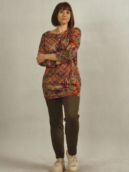 Tunika z kieszeniami z dzianiny patchwork w odcieniach czerwieni /523/