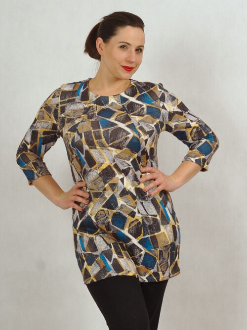 Tunika z kieszeniami z rękawem 3/4 w geometryczne wzory - niebieska /581/