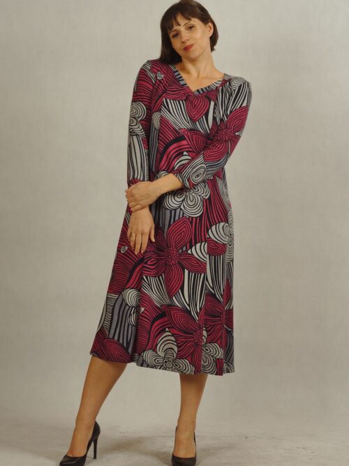 Sukienka w kliny w piękne wzory kwiatowe różowe  plus size /648/