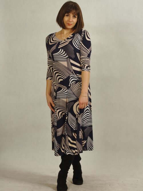 Sukienka z dzianiny granatowa w piękne wzory z obniżoną talią  /616/