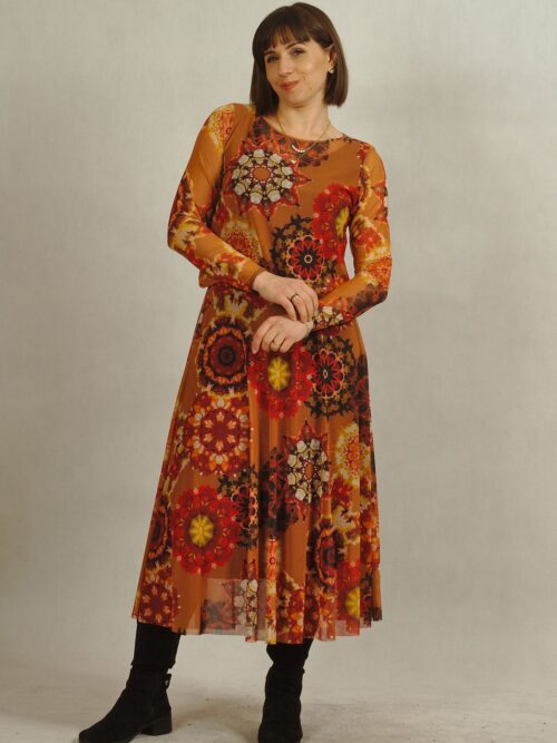 Piękna suknia z siatki z podszewką wiskozową w rozety w odcieniach rudości /618/ - M