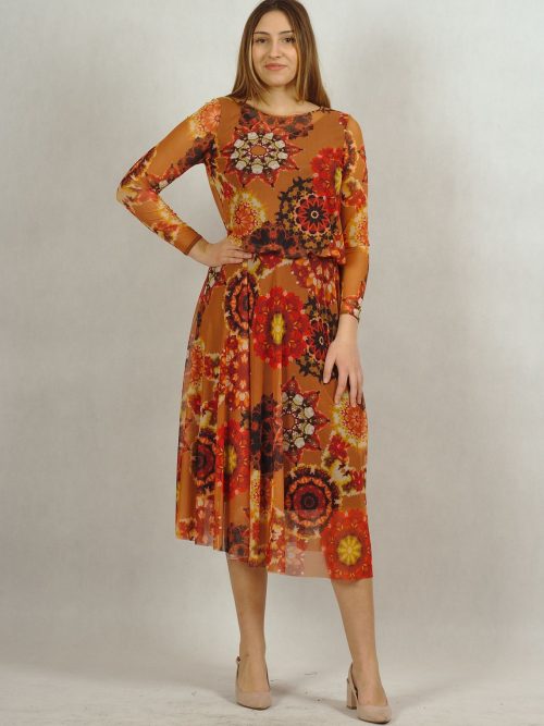 Piękna suknia z siatki z podszewką wiskozową w rozety w odcieniach rudości /618/