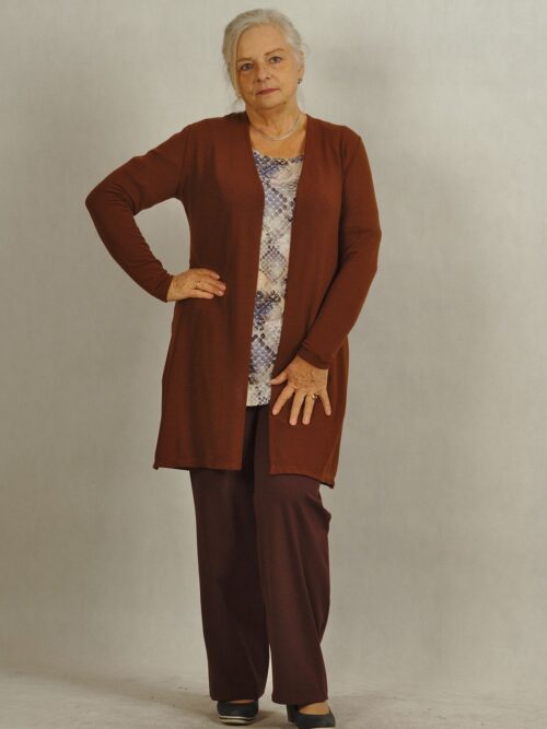 Kardigan jednokolorowy brązowy długi plus size /195/