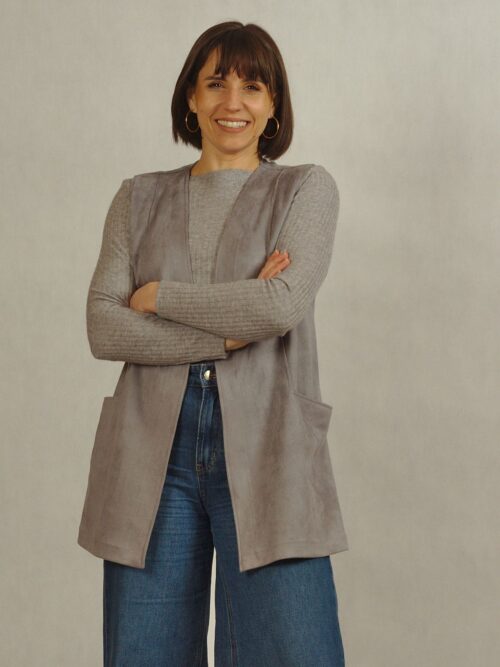 Bluzka szara z dzianiny prążkowanej na długi rękaw plus size /736/