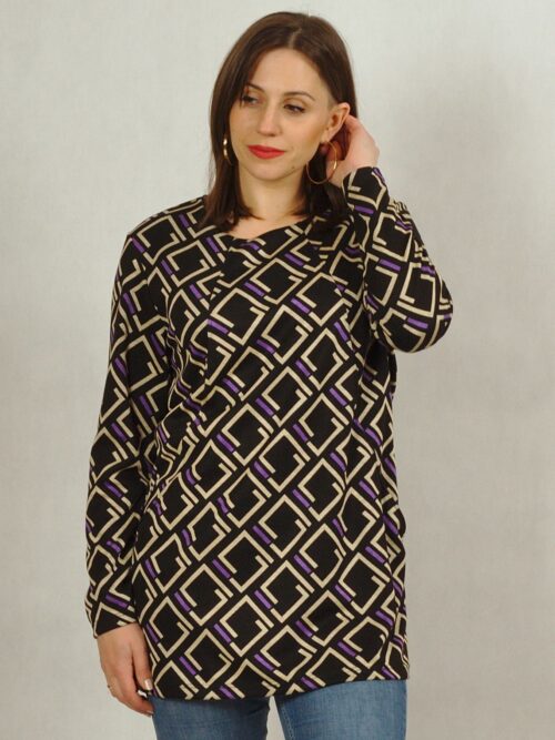 Ciepła tunika we wzory geometryczne czarna plus size - fiolet /730/