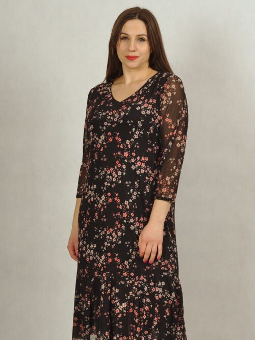 Sukienka czarna z siatki z falbanką w delikatne kwiatki /671/
