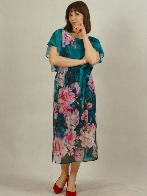 Sukienka zielona z kwiatami z eleganckiego szyfonu plus size /772/ - M