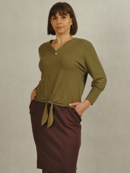 Oliwkowa bluzka z wiązaniem w talii plus size /744/