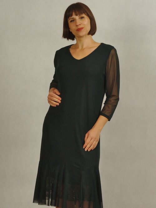 Ciemnozielona sukienka z eleganckiej siatki z falbanką /633/