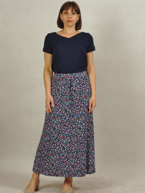 Spódnica dzianinowa granatowa w kolorowe kwiatki plus size /781/