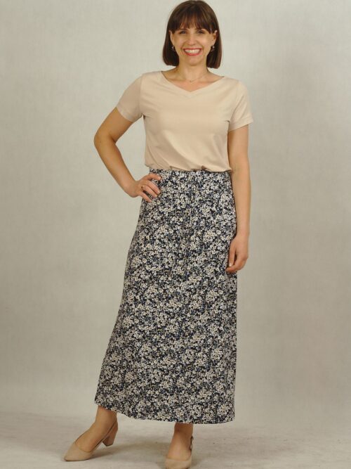 Spódnica dzianinowa granatowa w białe kwiatki plus size /781/