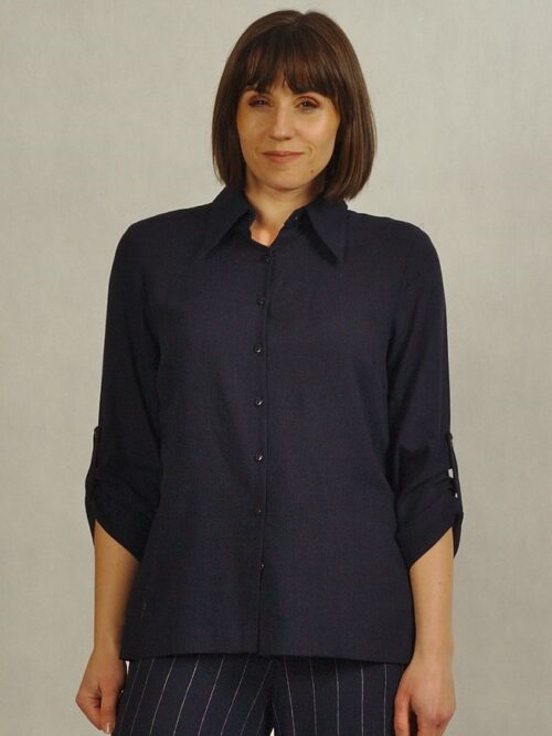 Bluzka koszulowa z lnu i wiskozy granatowa /835/