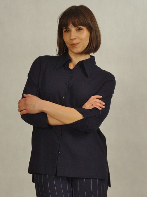 Bluzka koszulowa z lnu i wiskozy granatowa /835/