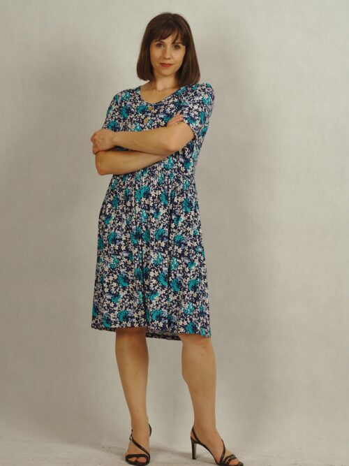 Sukienka dzianinowa w turkusowe kwiatki /685/