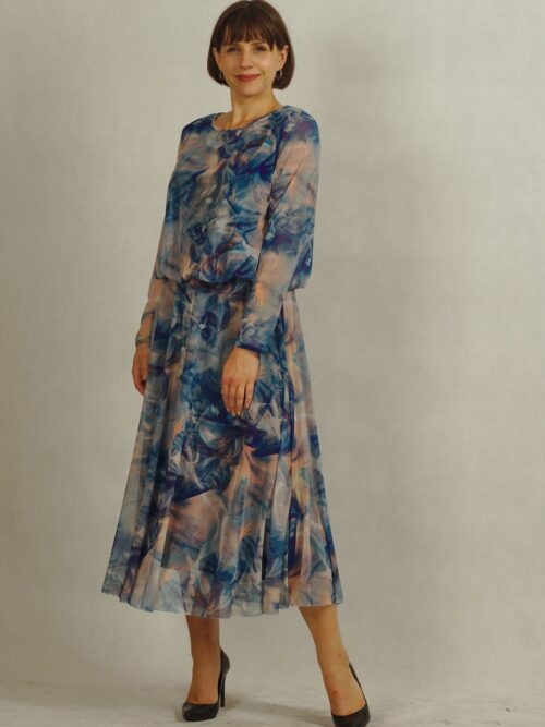 Granatowa sukienka z siatki w pomarańczowe wzory /618/