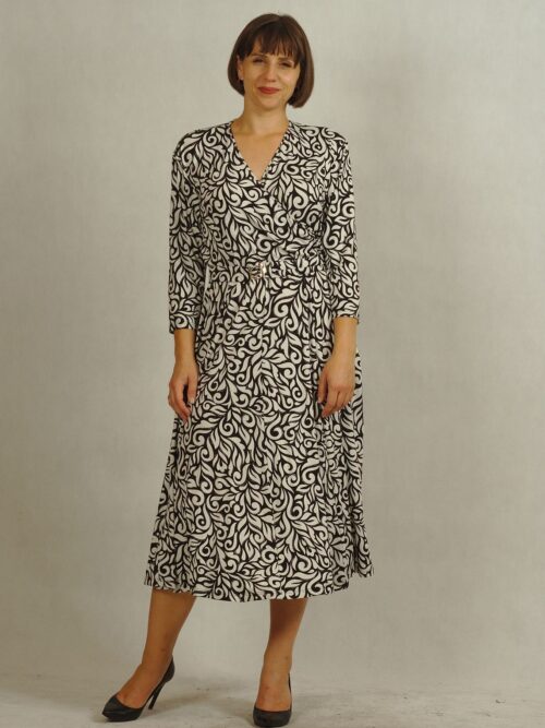 Sukienka midi z kopertowym dekoltem czarna w białe wzorki z połyskiem  /757/