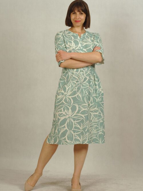 Sukienka z lnu i wiskozy z rewersem miętowa w białe wzory /846/