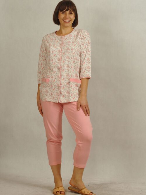 Różowa bawełniana piżama rozpinana z kieszeniami w drobne kwiatki plus size /168/