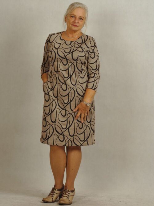 Sukienka beżowa w czarne wstążki z kieszeniami plus size /674/