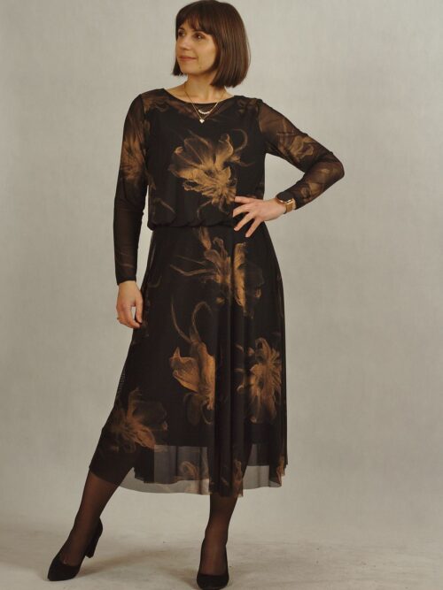 Czarna sukienka z siatki w złote połyskujące kwiaty /618/