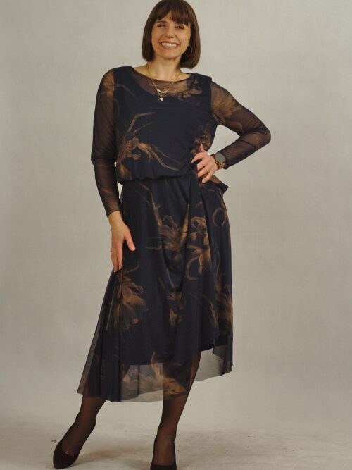 Granatowa sukienka z siatki w złote połyskujące kwiaty /618/