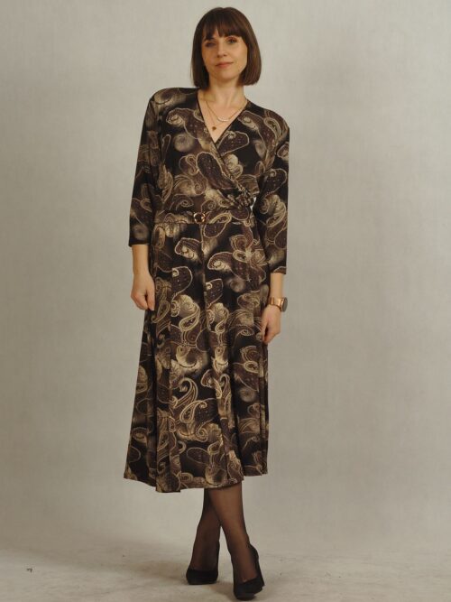 Sukienka z kopertowym dekoltem w odcieniach brązu - druk paisley /757/