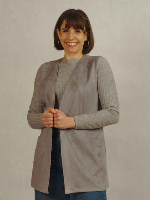 Szara kamizelka a'la zamsz niezapinana z kieszeniami /806/