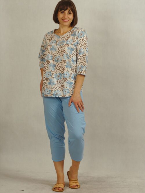 Bawełniana piżama z rękawem 3/4 - błękitne kwiaty /877/