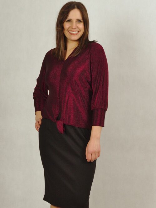 Bordowa krótka bluzka z połyskiem z wiązaniem w talii /740/