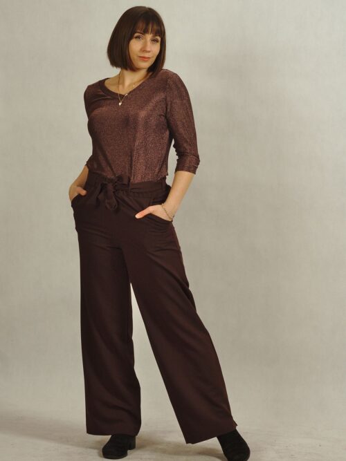 Eleganckie spodnie brązowe z szeroką nogawką plus size /751/