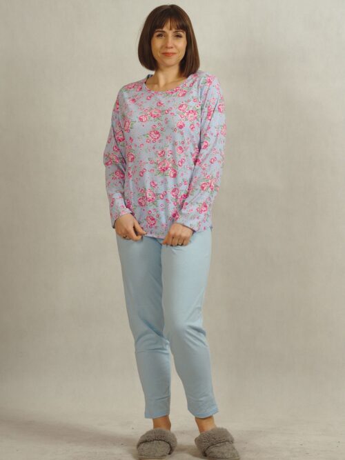 Piżama damska w kwiatki niebieska z długim rękawem plus size /883/