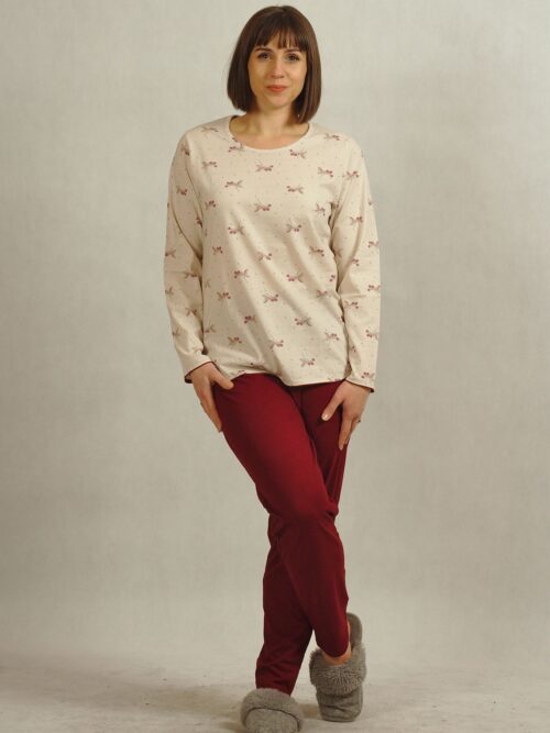 Piżama damska w ecru i bordo z długim rękawem plus size /883/