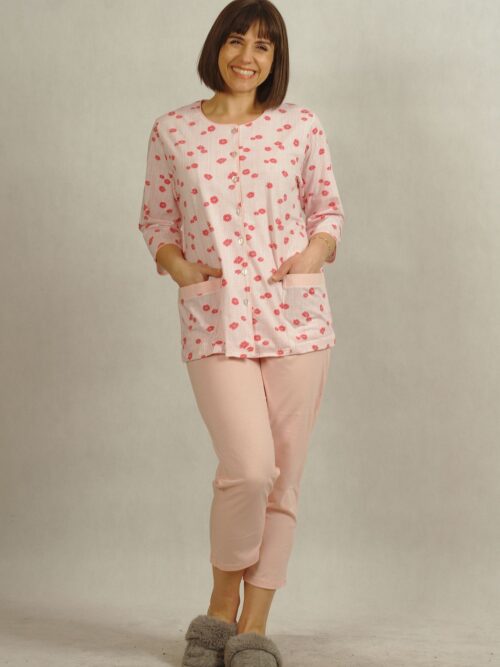 Różowa bawełniana piżama rozpinana z kieszeniami w drobne stokrotki plus size /168/