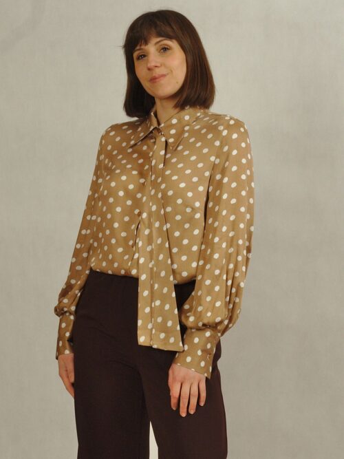 Bluzka koszulowa z wiązaniem beżowa w białe grochy /882/