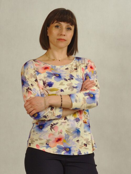 Bluzka żółta w kwiaty z rękawem kimono /716/