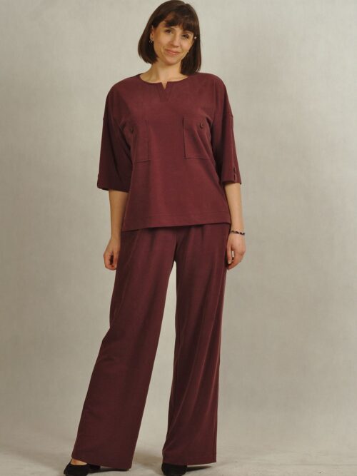 Komplet bordowy - bluzka i spodnie z dzianiny /900/