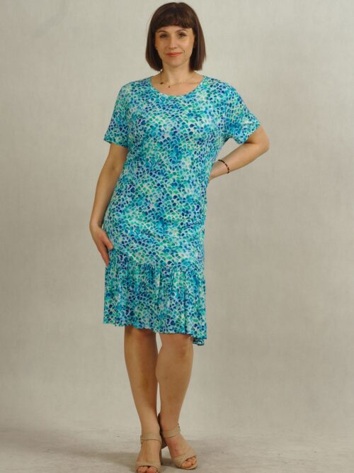 Turkusowa sukienka w drobne wzorki z falbanką/699/