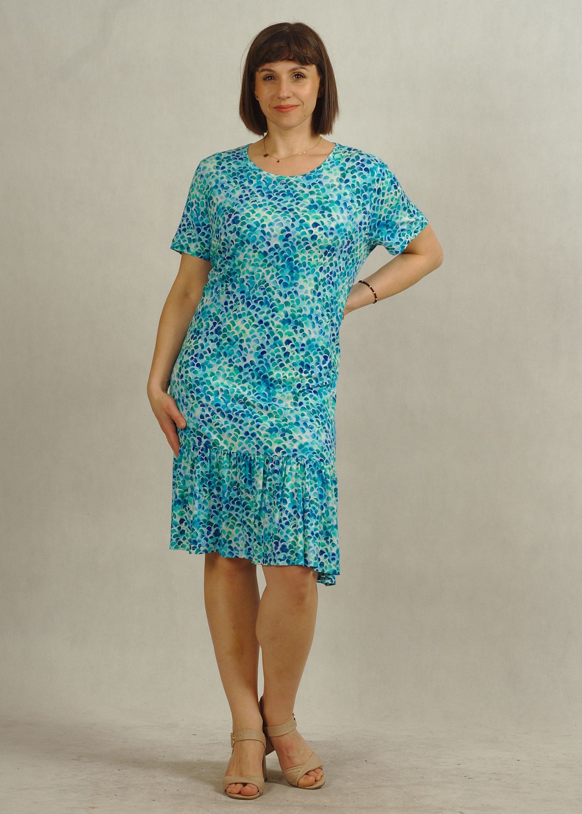 Turkusowa sukienka w drobne wzorki z falbanką/699/