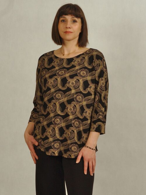 Czarna bluzka w złote wzory z rękawem kimono /716/